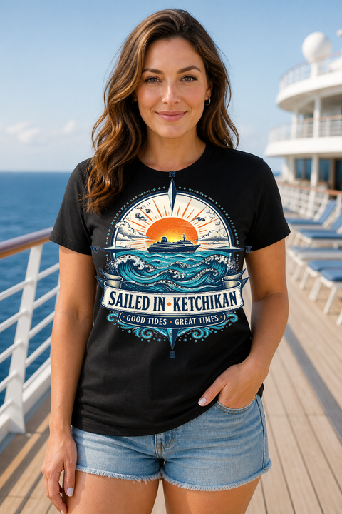 Female black T-shirt cruise deck mockup using exact CRUISE-0130 artwork