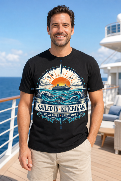 Male black T-shirt cruise deck mockup using exact CRUISE-0130 artwork