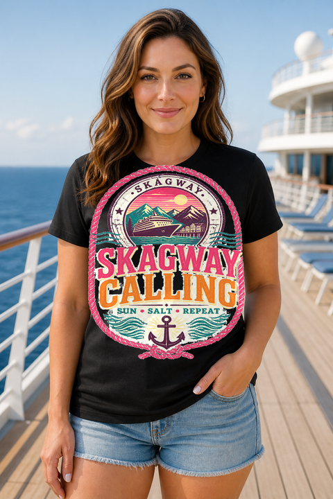 Female black T-shirt cruise deck mockup using exact CRUISE-0131 artwork