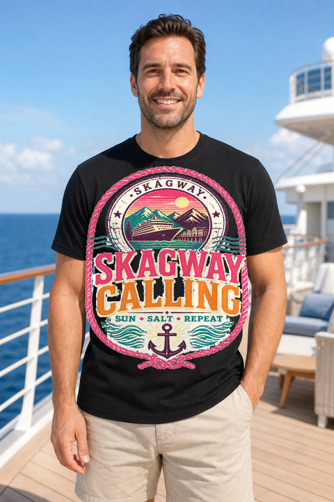 Male black T-shirt cruise deck mockup using exact CRUISE-0131 artwork
