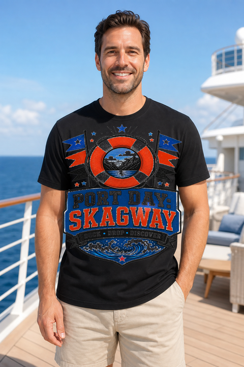 Male black T-shirt cruise deck mockup using exact CRUISE-0132 artwork