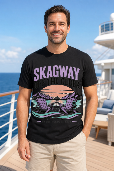 Male black T-shirt cruise deck mockup using exact CRUISE-0134 artwork