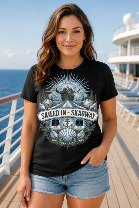 Female black T-shirt cruise deck mockup using exact CRUISE-0135 artwork