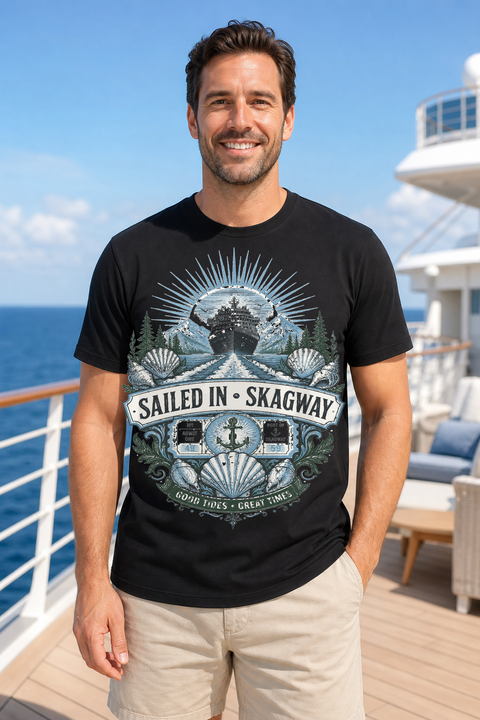 Male black T-shirt cruise deck mockup using exact CRUISE-0135 artwork