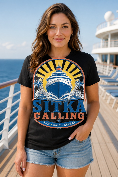 Female black T-shirt cruise deck mockup using exact CRUISE-0136 artwork