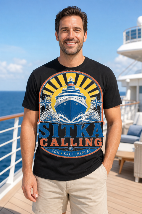 Male black T-shirt cruise deck mockup using exact CRUISE-0136 artwork