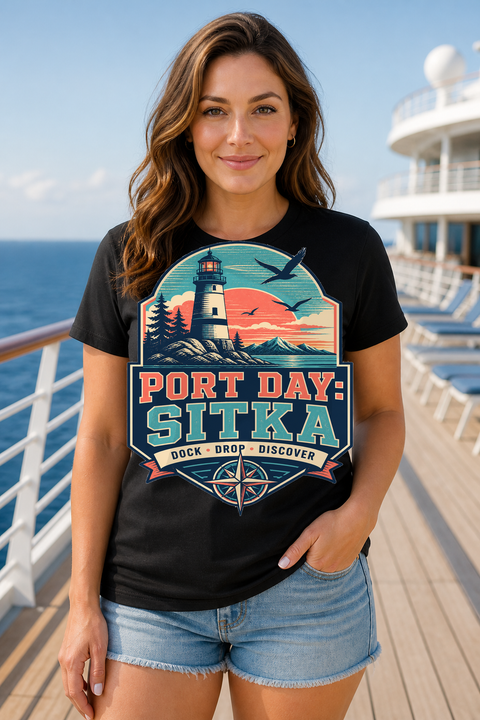 Female black T-shirt cruise deck mockup using exact CRUISE-0137 artwork