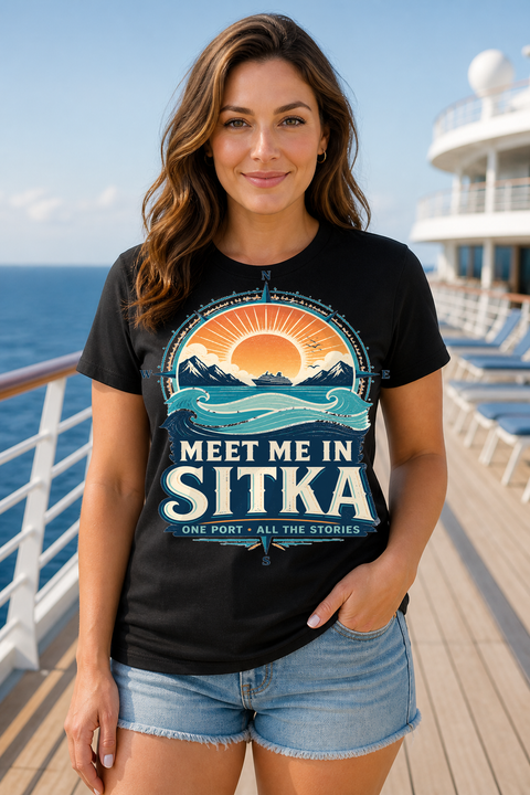 Female black T-shirt cruise deck mockup using exact CRUISE-0138 artwork