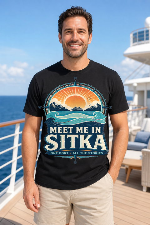 Male black T-shirt cruise deck mockup using exact CRUISE-0138 artwork