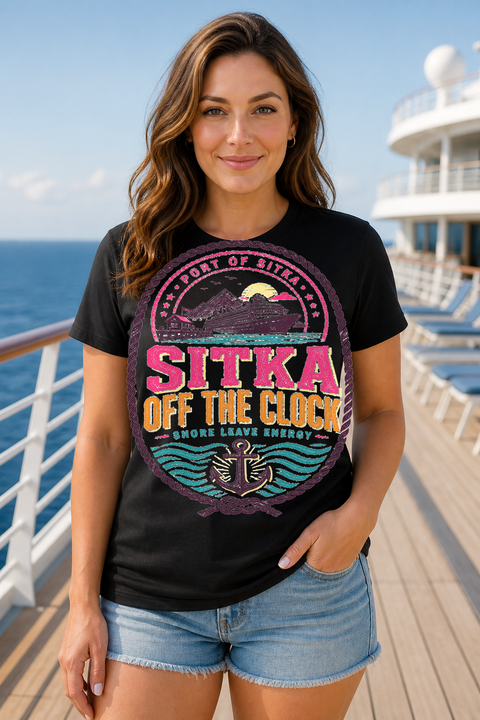 Female black T-shirt cruise deck mockup using exact CRUISE-0139 artwork