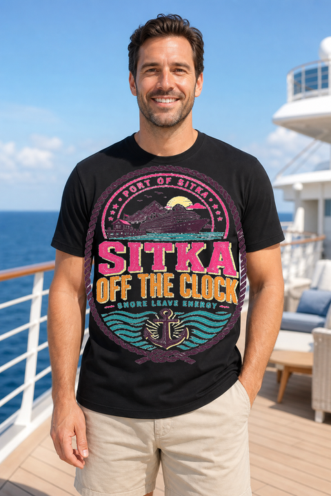 Male black T-shirt cruise deck mockup using exact CRUISE-0139 artwork