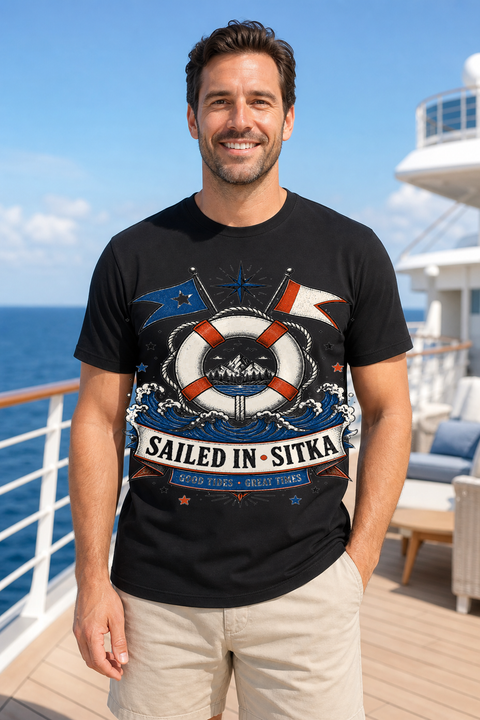Male black T-shirt cruise deck mockup using exact CRUISE-0140 artwork