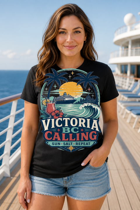 Female black T-shirt cruise deck mockup using exact CRUISE-0141 artwork
