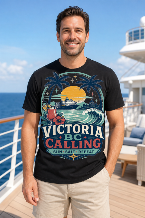 Male black T-shirt cruise deck mockup using exact CRUISE-0141 artwork