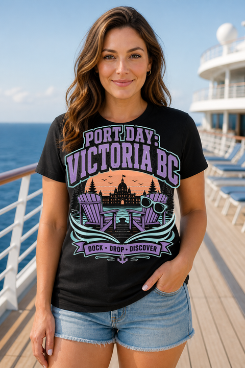 Female black T-shirt cruise deck mockup using exact CRUISE-0142 artwork