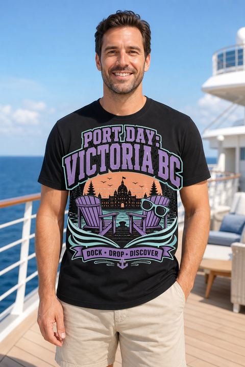 Male black T-shirt cruise deck mockup using exact CRUISE-0142 artwork