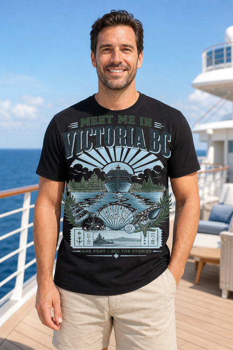 Male black T-shirt cruise deck mockup using exact CRUISE-0143 artwork