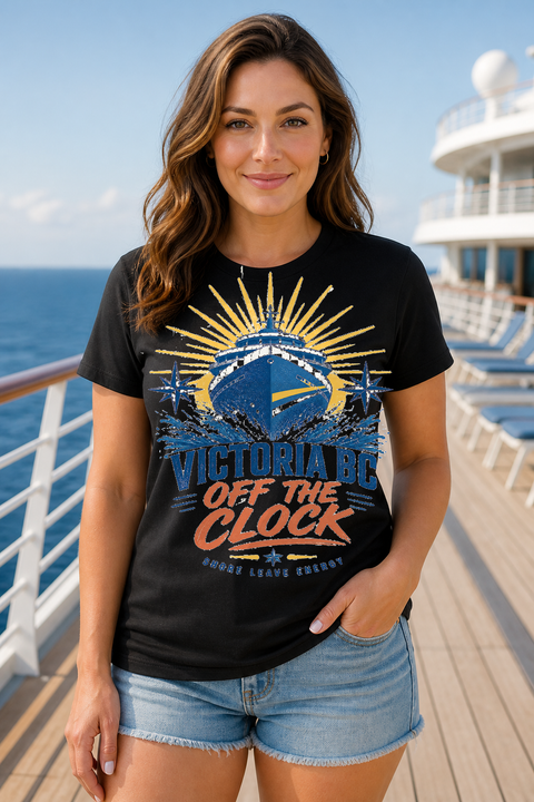 Female black T-shirt cruise deck mockup using exact CRUISE-0144 artwork