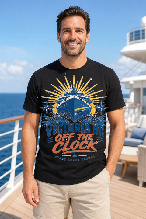 Male black T-shirt cruise deck mockup using exact CRUISE-0144 artwork