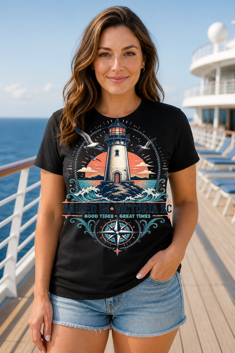 Female black T-shirt cruise deck mockup using exact CRUISE-0145 artwork