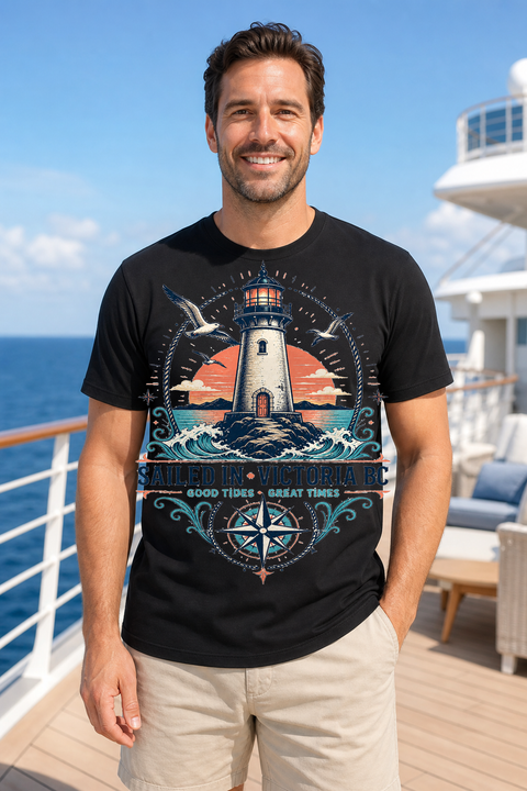 Male black T-shirt cruise deck mockup using exact CRUISE-0145 artwork