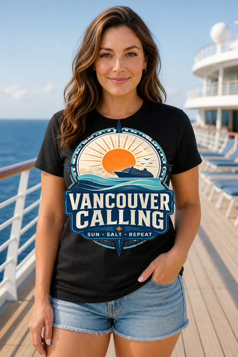 Female black T-shirt cruise deck mockup using exact CRUISE-0146 artwork