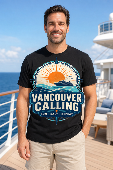 Male black T-shirt cruise deck mockup using exact CRUISE-0146 artwork
