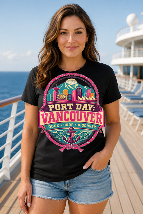 Female black T-shirt cruise deck mockup using exact CRUISE-0147 artwork