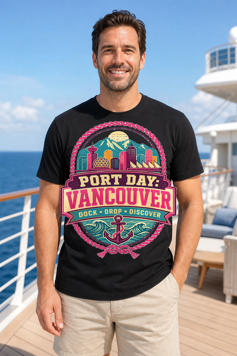 Male black T-shirt cruise deck mockup using exact CRUISE-0147 artwork