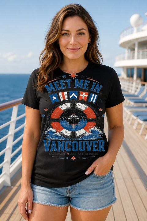 Female black T-shirt cruise deck mockup using exact CRUISE-0148 artwork