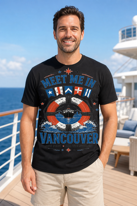 Male black T-shirt cruise deck mockup using exact CRUISE-0148 artwork