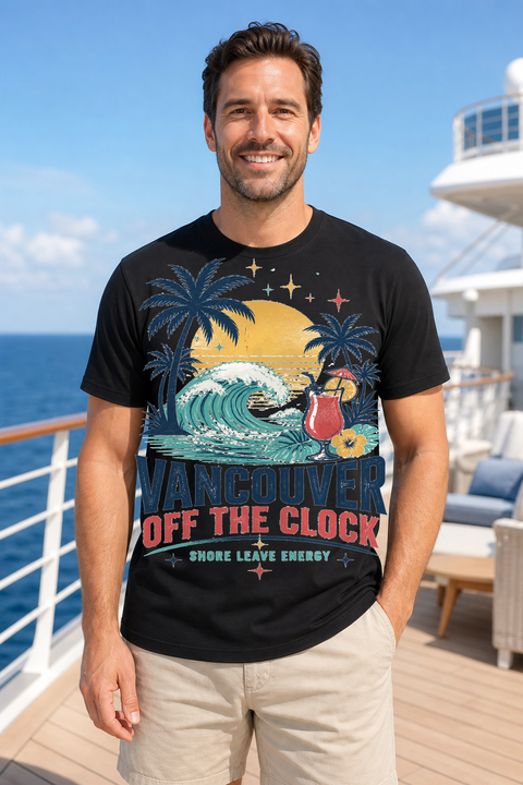 Male black T-shirt cruise deck mockup using exact CRUISE-0149 artwork