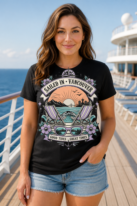 Female black T-shirt cruise deck mockup using exact CRUISE-0150 artwork