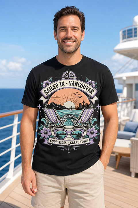Male black T-shirt cruise deck mockup using exact CRUISE-0150 artwork