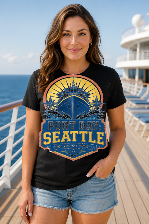 Female black T-shirt cruise deck mockup using exact CRUISE-0152 artwork