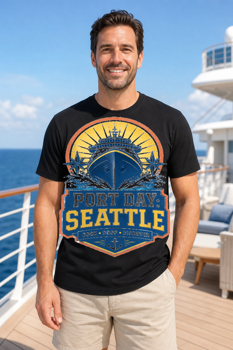 Male black T-shirt cruise deck mockup using exact CRUISE-0152 artwork