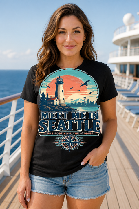 Female black T-shirt cruise deck mockup using exact CRUISE-0153 artwork