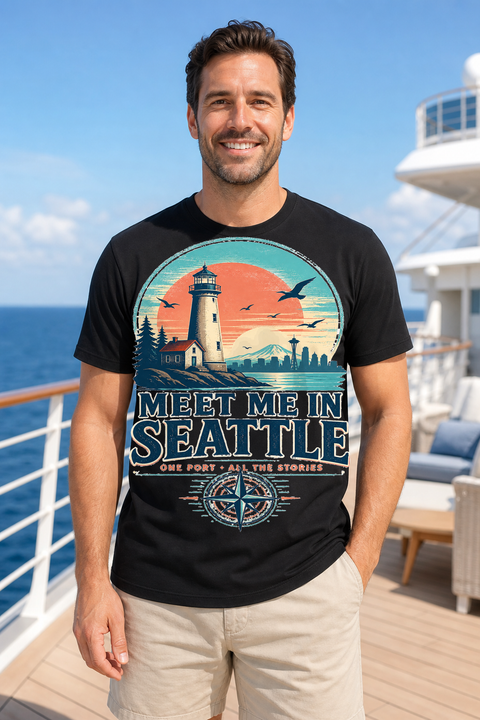 Male black T-shirt cruise deck mockup using exact CRUISE-0153 artwork