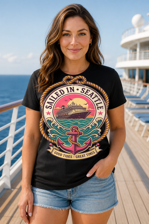 Female black T-shirt cruise deck mockup using exact CRUISE-0155 artwork