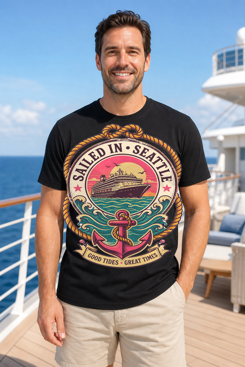 Male black T-shirt cruise deck mockup using exact CRUISE-0155 artwork