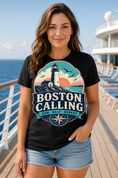 Female black T-shirt cruise deck mockup using exact CRUISE-0161 artwork