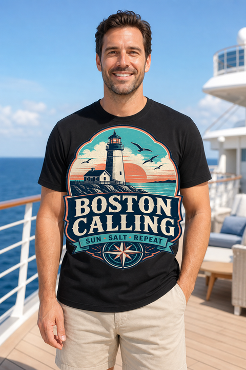 Male black T-shirt cruise deck mockup using exact CRUISE-0161 artwork