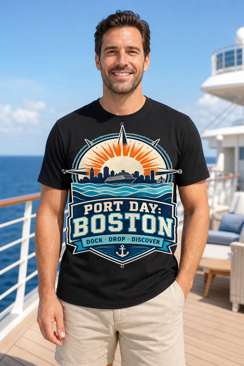 Male black T-shirt cruise deck mockup using exact CRUISE-0162 artwork