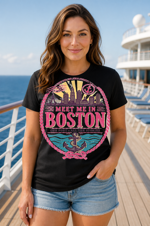 Female black T-shirt cruise deck mockup using exact CRUISE-0163 artwork