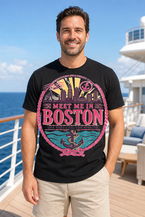 Male black T-shirt cruise deck mockup using exact CRUISE-0163 artwork