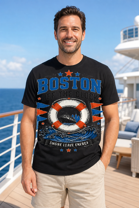 Male black T-shirt cruise deck mockup using exact CRUISE-0164 artwork