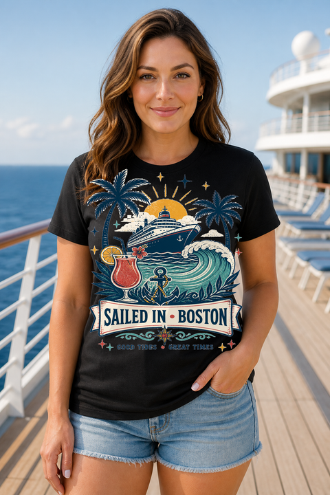 Female black T-shirt cruise deck mockup using exact CRUISE-0165 artwork
