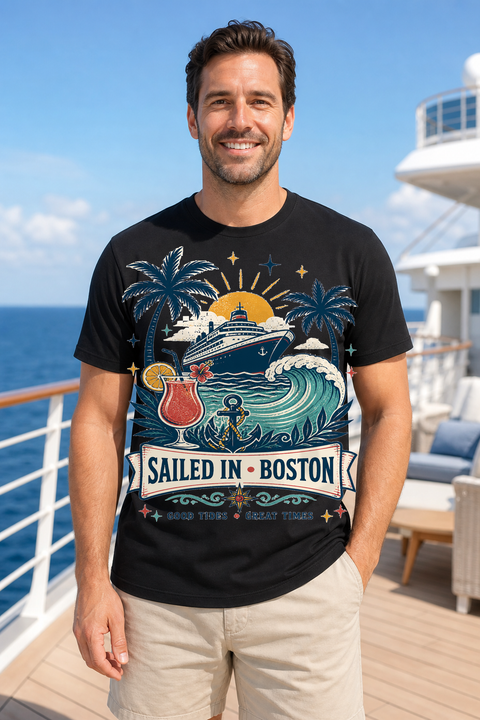 Male black T-shirt cruise deck mockup using exact CRUISE-0165 artwork
