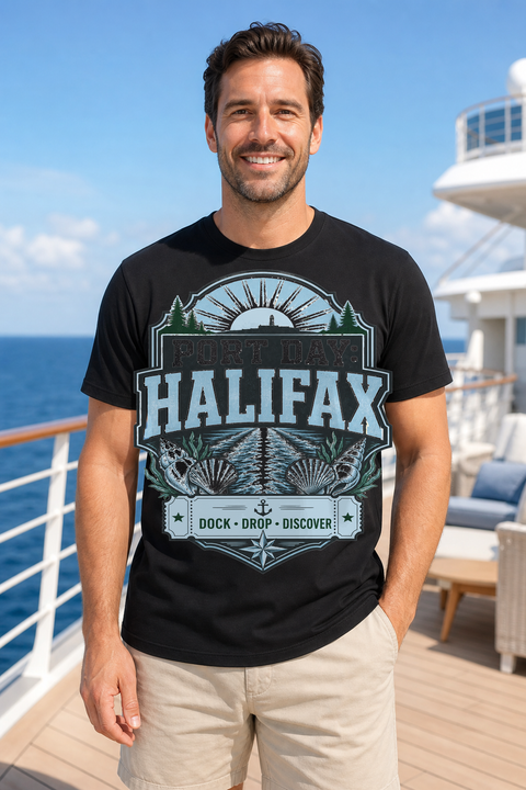 Male black T-shirt cruise deck mockup using exact CRUISE-0167 artwork