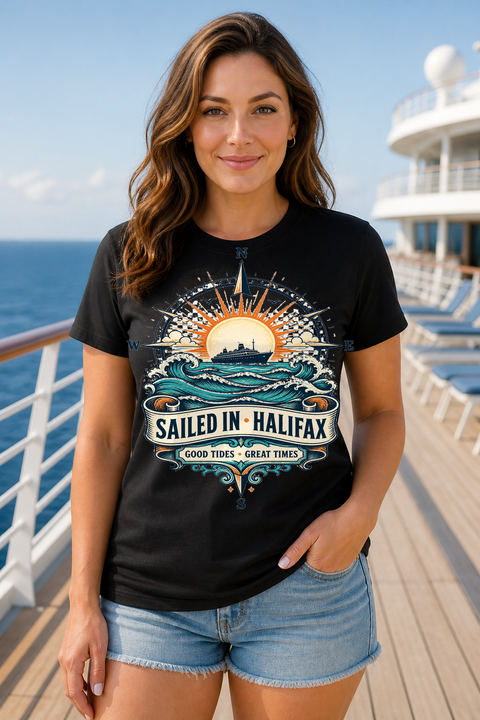 Female black T-shirt cruise deck mockup using exact CRUISE-0170 artwork